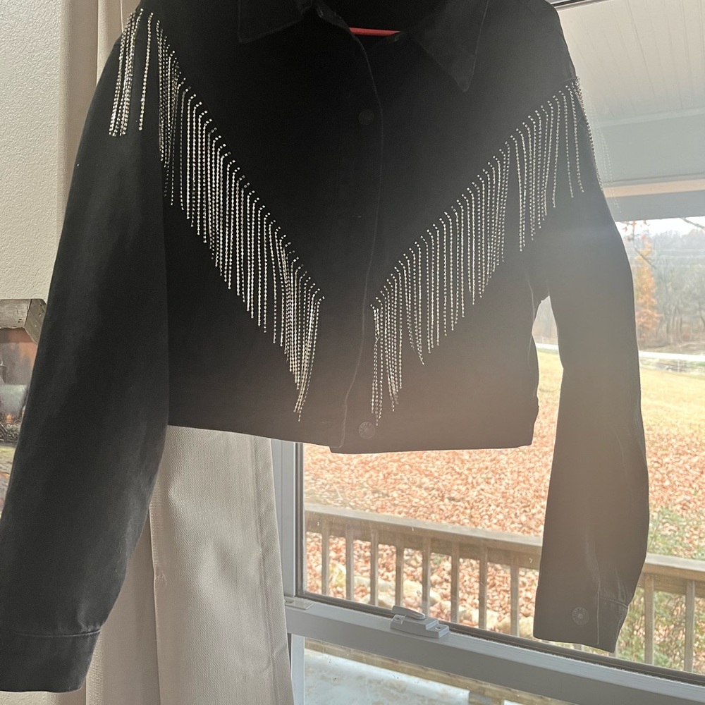 Black Denim Cropped Rhinestone Jacket